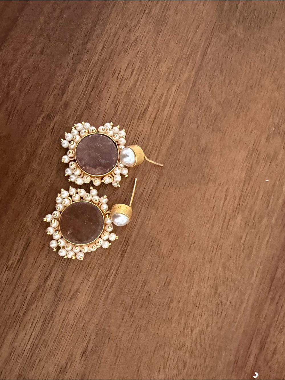 Gold and Pearl Round Mirror Drop Earrings by